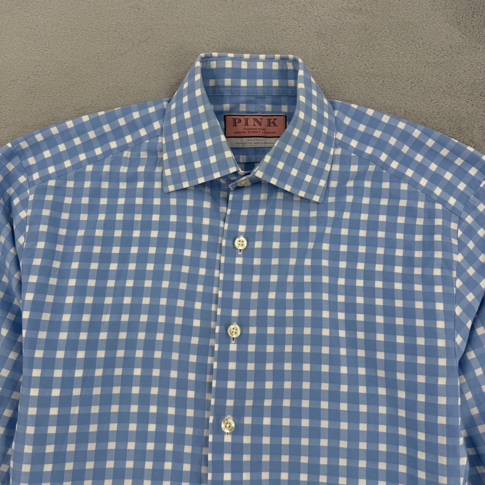 Thomas Pink Gingham Cotton Button Down Shirt Mens Small 14.5 US Blue White - Picture 3 of 14